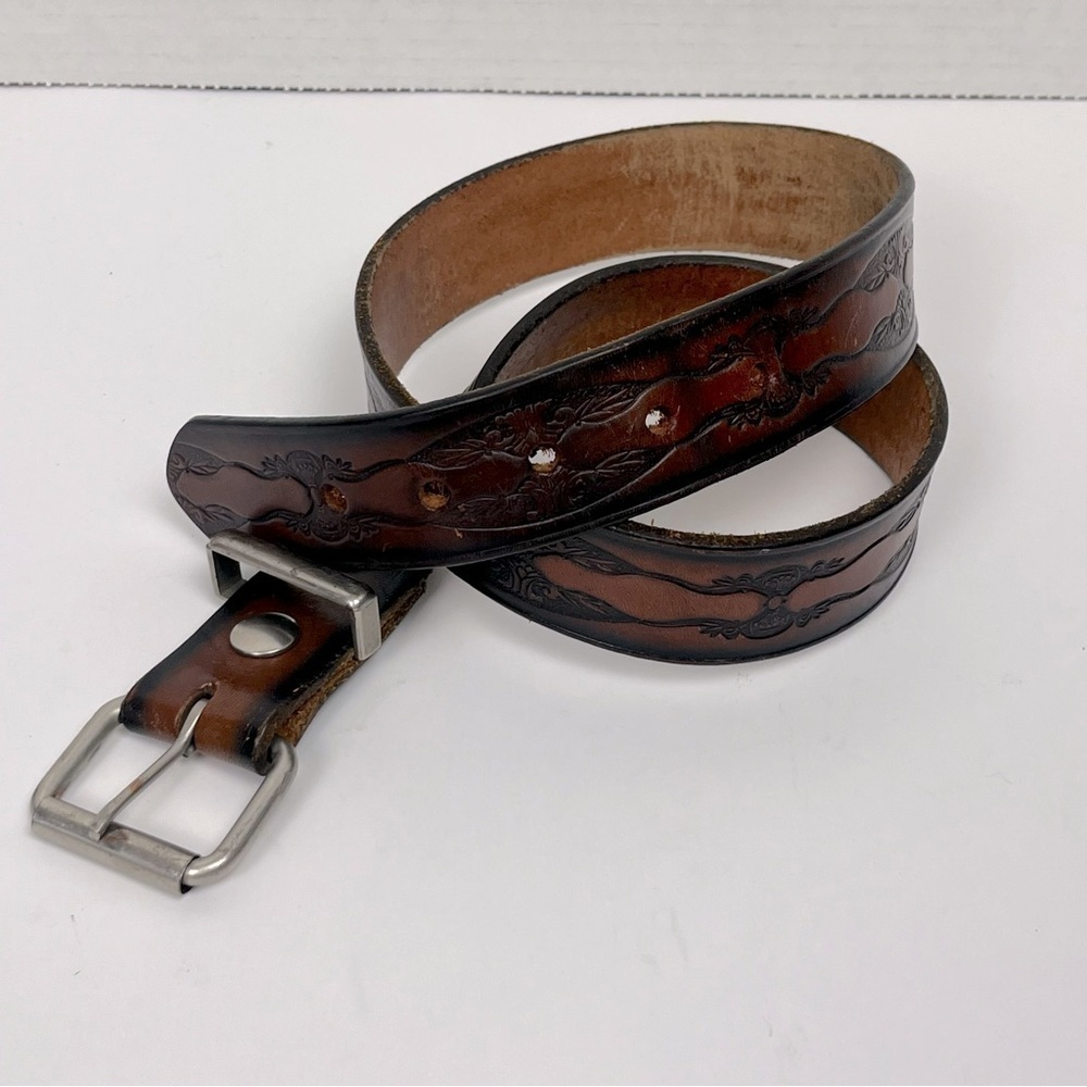 Brown tooled leather belt, unisex, approximately 34” see measurements in photos.